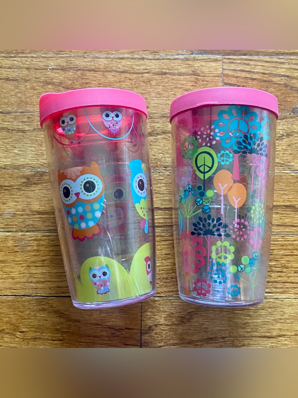 Pink Owl and Floral set of Tervis Tumblers with lids